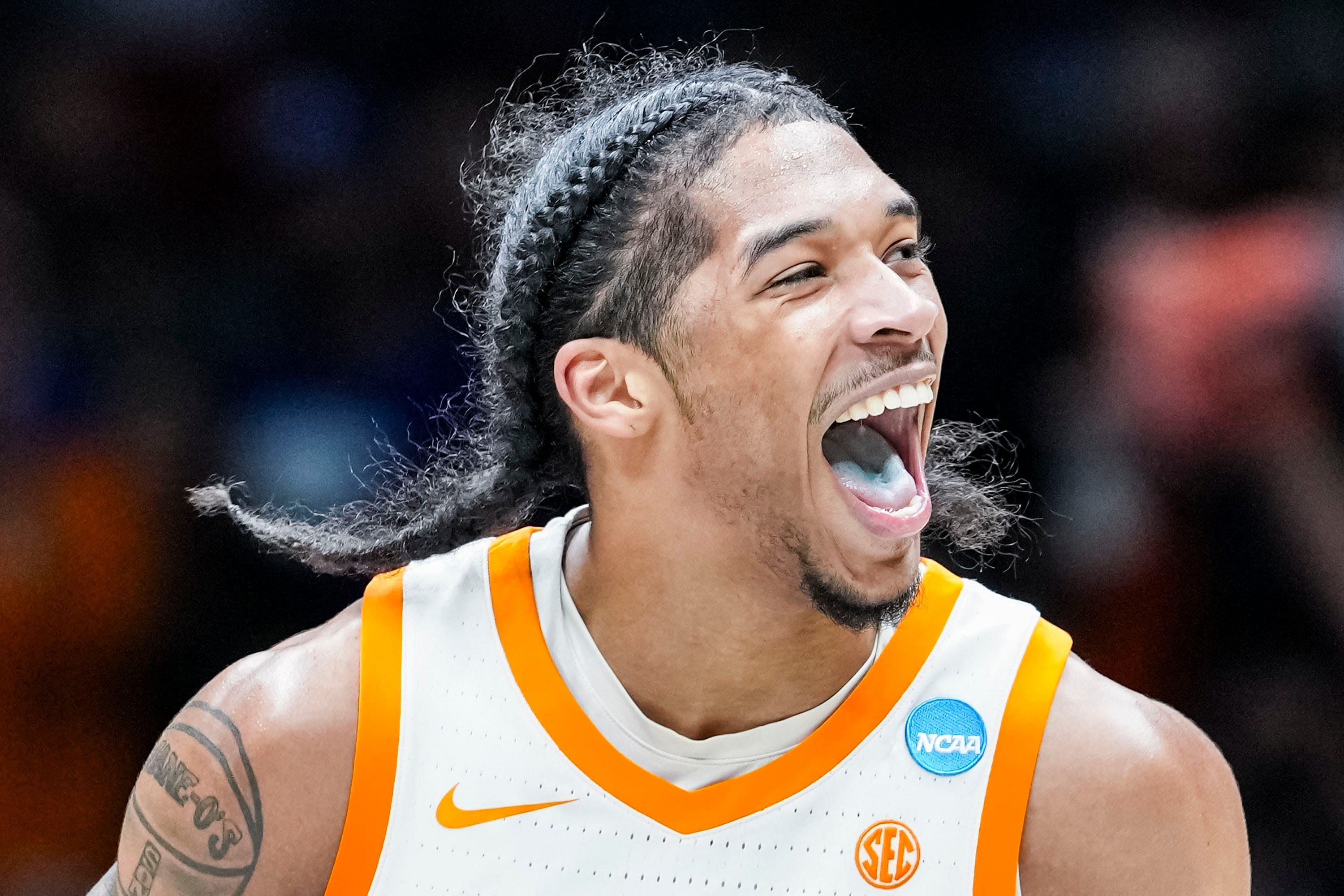 Tennessee Volunteers guard Zakai Zeigler (#5) celebrates during the NCAA Tournament Sweet 16 game at Lucas Oil Stadium in Indianapolis. Photo: Imagn